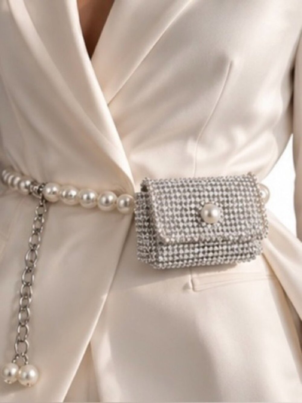 Pearl Beaded Rhinestone Belt Bag, Silver Crystal Mini Waist Bag